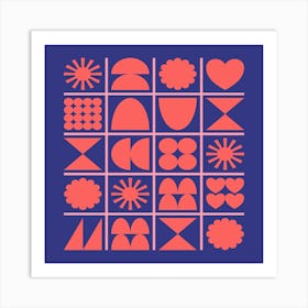 Shapes Grid In Blue And Orange Square Art Print