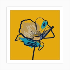Poppy Flower Minimal Line Art Mustard 1 Art Print