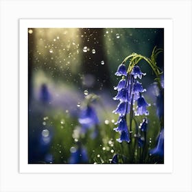 Cascading Bluebell Flowers with Raindrops Art Print