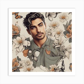 Portrait Of A Man With Butterflies Art Print