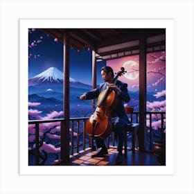 Man playing Cello With Mt Fuji Background Art Print