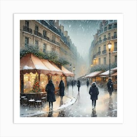 Paris cafes, winter season, Christmas, pale colors, pedestrians in the street, winter clothes, falling snow.14 Art Print