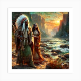 Oil Texture Native American Couple By Stream Copy Art Print