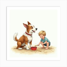 Joyful Australian Cattle Dog And Child Playing In The Sand, Watercolor 1 Art Print