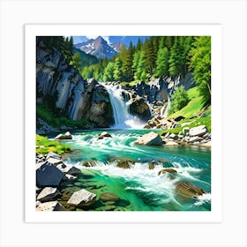 Waterfall In The Mountains 1 Art Print