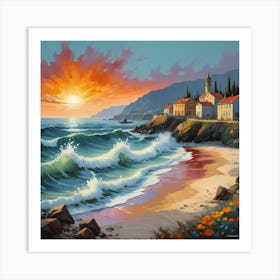 Beautiful seaside in a sunset with the gentle waves, painting art Art Print