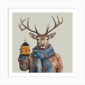 Watercolour Highland Stag Buck with Bottle of Buckie Art Print