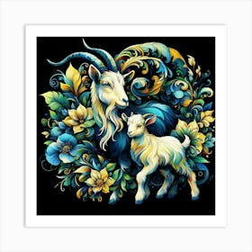 Goats And Flowers Art Print