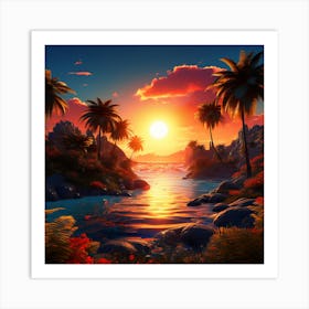 Sunset At The Beach, wall art of sunset, palm trees, orange sky, light rese of sun Art Print