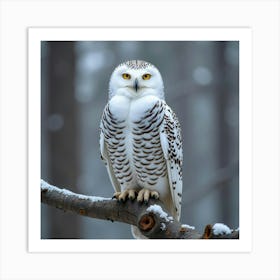 A Graceful Snowy Owl Perched On A Tree Branch 2 Art Print