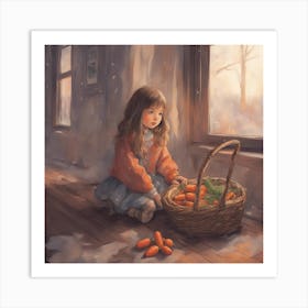 A Little Girl Sits By The Window In The Living Room With A Basket Of Carrots，The Fireplace In The Li Art Print