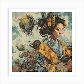 Asian Girl With Robots Art Print