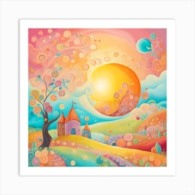 Colorful Landscape With Castle And Sun Art Print