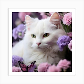 White Cat In Flowers Art Print