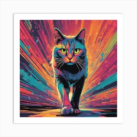 Cat Is Walking Down A Long Path, In The Style Of Bold And Colorful Graphic Design, David , Rainbowco Art Print