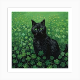 Black Cat In Shamrocks 1 Art Print