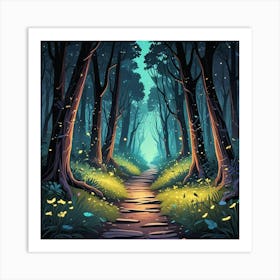 Anime Style Forest At Night With Fireflies (2) Art Print