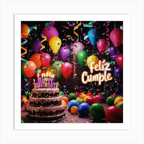 Feliz cumple and Feliz cumpleaños sign means Happy Birthday in Spanish language, Birthday party celebration gift with birthday cake candle colorful balloons best congratulation over light backgroundFiesta Cumple 1 Art Print