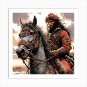 Persian Warrior On A Horse Color Drawing Art Print