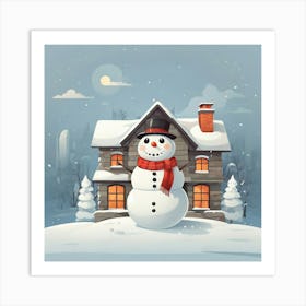 Snowman In Front Of House 1 Art Print