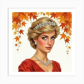 Princess Diana In A Watercolor Setting With Cascading Autumn Leaves 1 Art Print