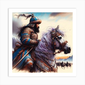 Mongolian Warrior On A Horse Vivid Color Drawing 1 Art Print