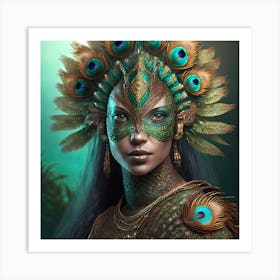 Firefly A Modern Illustration Of A Fierce Native American Warrior Peacock Iguana Hybrid Femme Fatale (19) Art Print