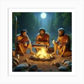 Cavemen At Campfire Art Print