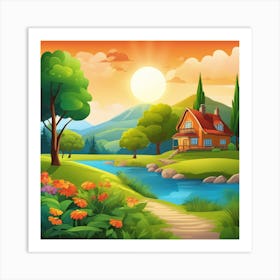 169 Photo Summer Nature Landscape Cartoon Style Detailed Trees And Vegetation Ambience Light 910560041 Art Print