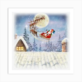 Santa Claus Flying Over House Art Print