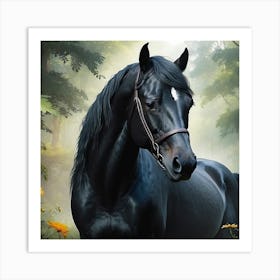 Black Horse In The Forest Art Print