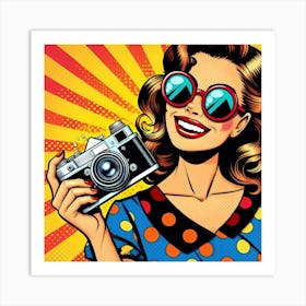 Pop Retro Girl With Camera Art Print