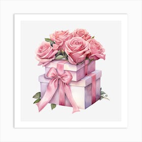 Pink Roses In A Gift Box 3 Art Print