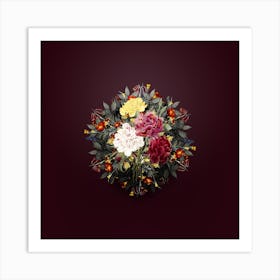 Vintage Carnation Flower Wreath on Wine Red n.0090 Art Print