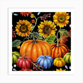 Autumn harvest of pumpkins, berries and sunflowers Colorful pumpkins and pumpkin harvest 4 Art Print