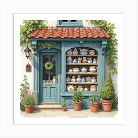 A Quaint English Pottery Shop With Handmade Ceramics, Watercolor Style 1 Art Print