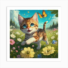 Kitten Flowers Butterfly Art Print