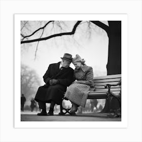 Loving old couple Sitting On Park Bench Art Print