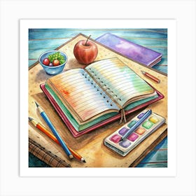 Watercolor Painting Of A Desk With Art Supplies And An Open Notebook Art Print