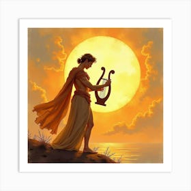 Apollo Playing Lyre Under A Golden Sunset, Watercolor 1 Art Print