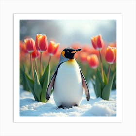 Penguin In A Snowy Tulip Field 1 Art Print