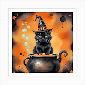 Black Cat In A Cauldron Art Print