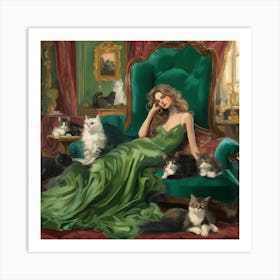 Decadent Young Woman After The Dance With Cats Green Sofa 1 Art Print