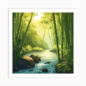 A Stream In A Bamboo Forest At Sun Rise Square Composition 12 Art Print