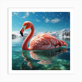 Soft Plush Flamingo Emerald Tinted And Leisurely Swimming On A Glassy Lake Sunlight Reflecting Off Art Print