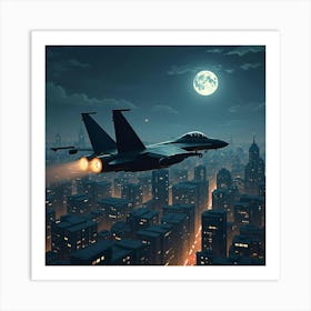 Fighter Jet Patrolling A Futuristic, War Torn City In The Night 1 Art Print