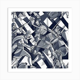 Battle Scene Monochrome Cubism Style Art Print