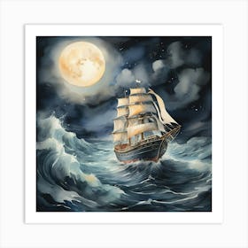 Ship In The Sea At Night Art Print