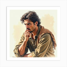 Spanish Man With A Contemplative Pose, Watercolor With Soft Highlights 1 Art Print