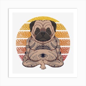 Yoga Pug Dog Sunset Retro Vector Illustration Art Print